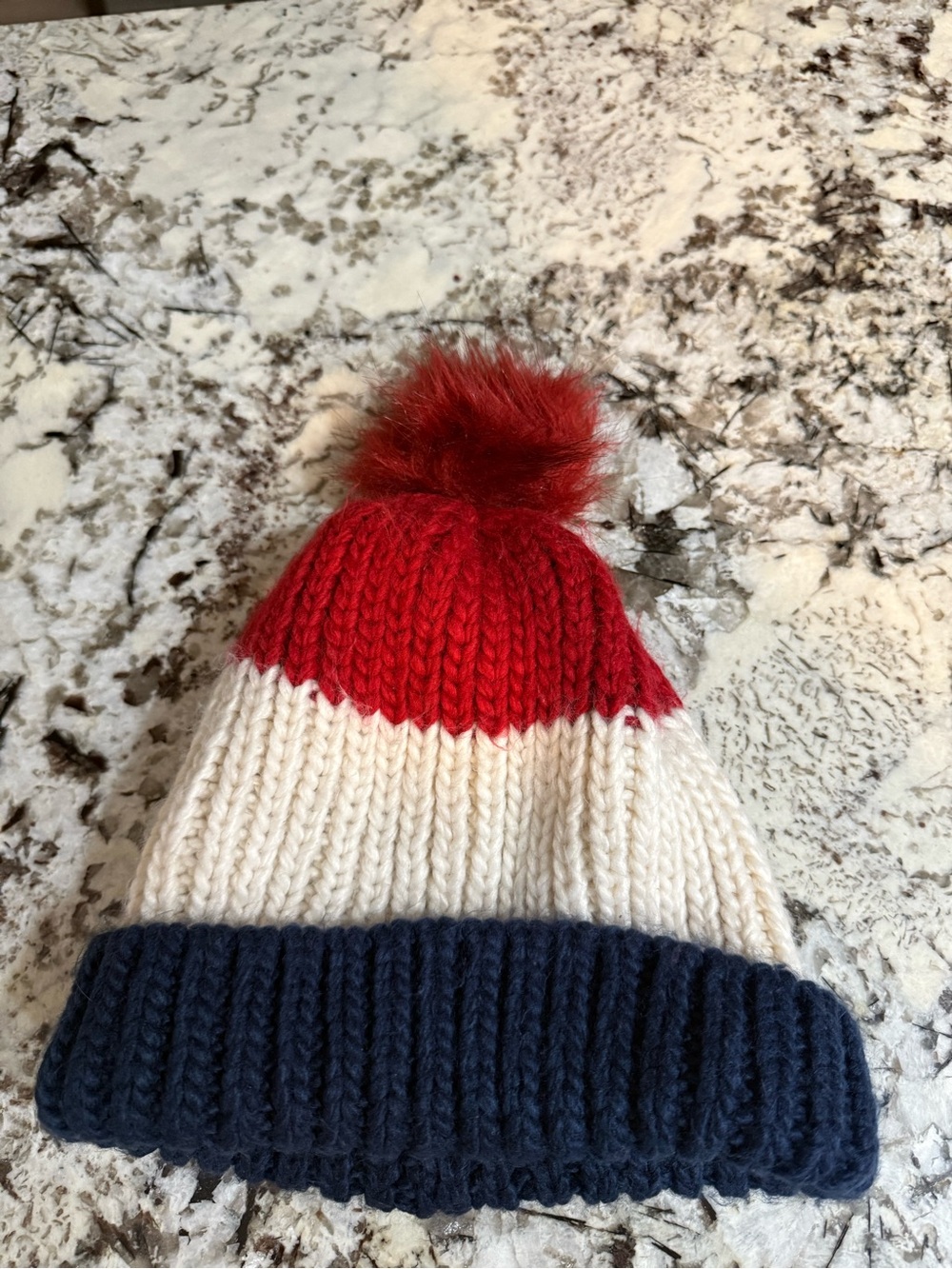 Kids chunkie knit Pom Pom Beanie - Red, Cream & Navy